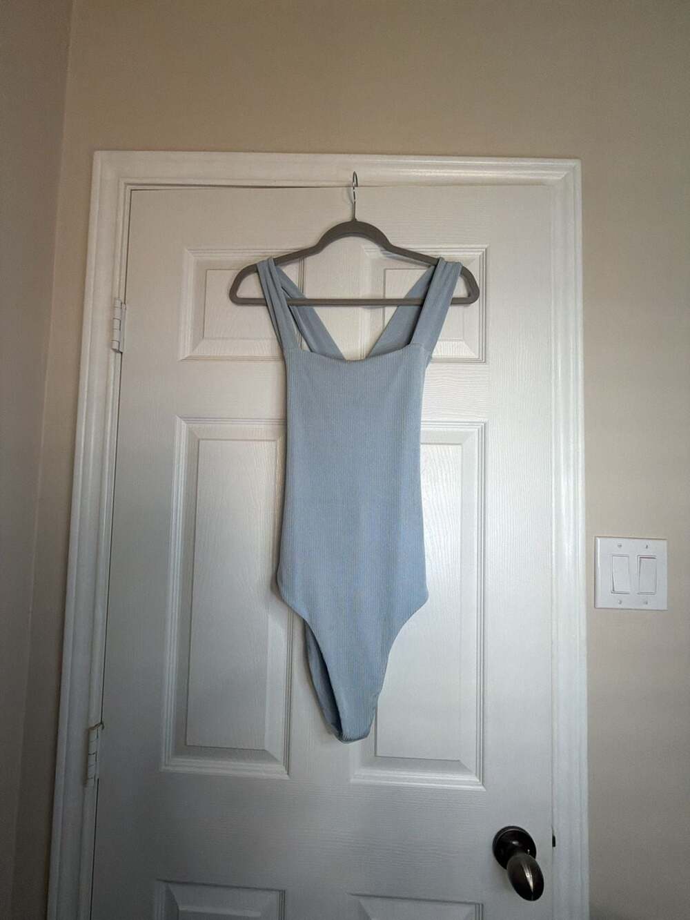 WAYF Light Blue Ribbed Knit Square Neck Cross Back Bodysuit Size XL